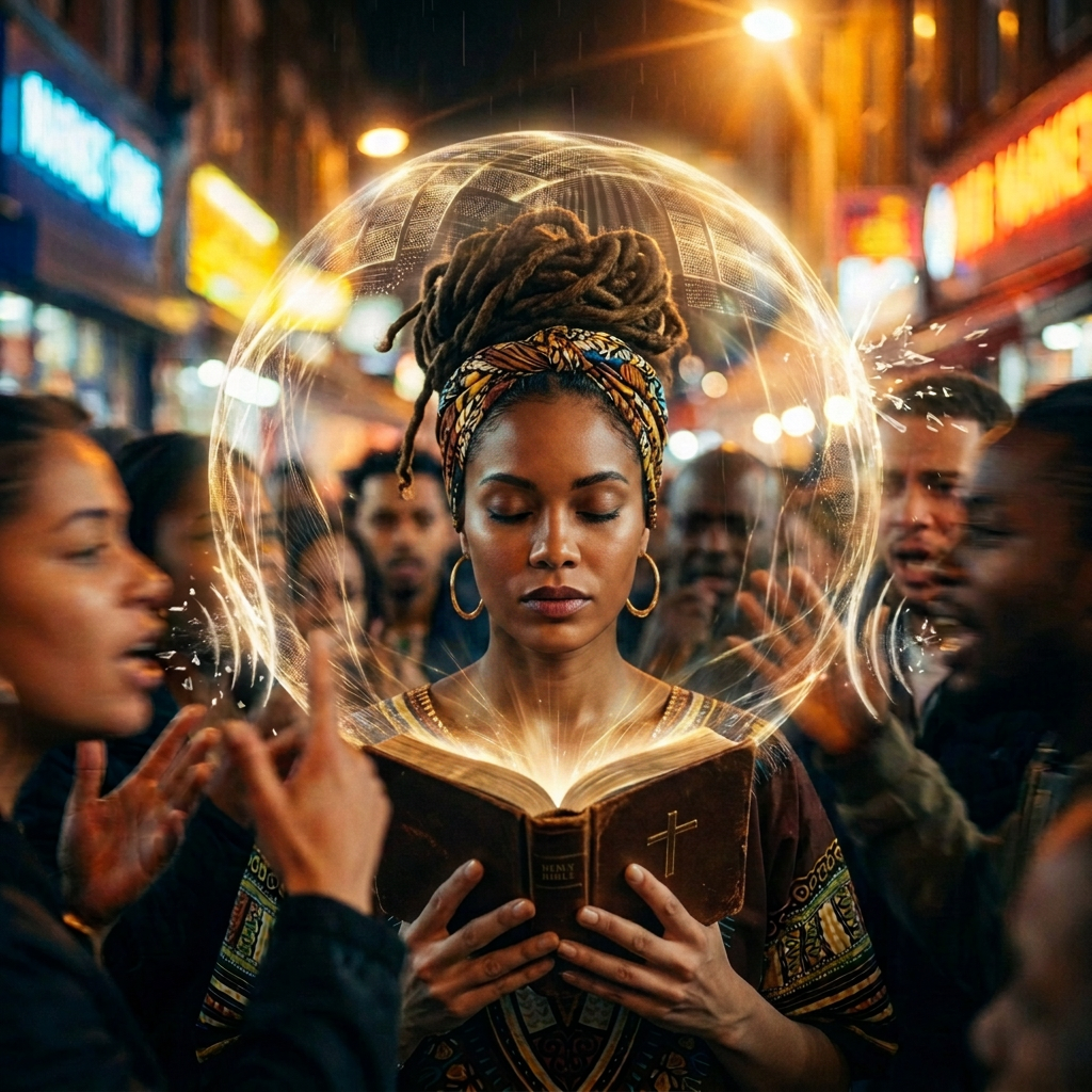 A calm woman with braided hair and patterned clothing holding a cup amidst blurred people speaking urgently